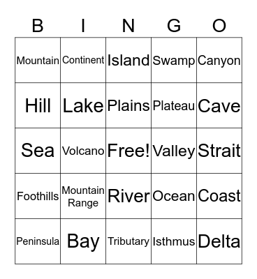 Landform Bingo Card