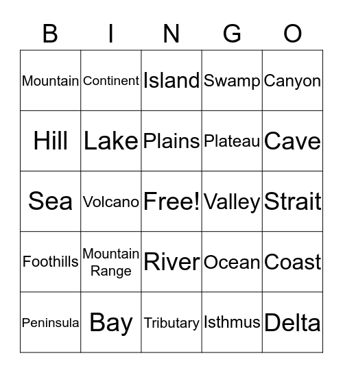 Landform Bingo Card