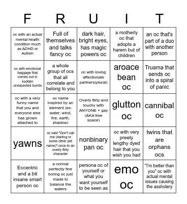 Bingo but for rpers; FRUIT Bingo Card