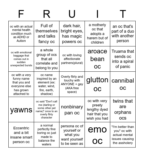 Bingo but for rpers; FRUIT Bingo Card