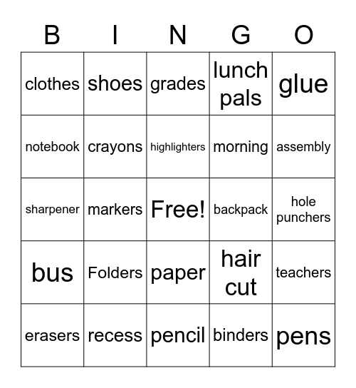 Back to School! Bingo Card