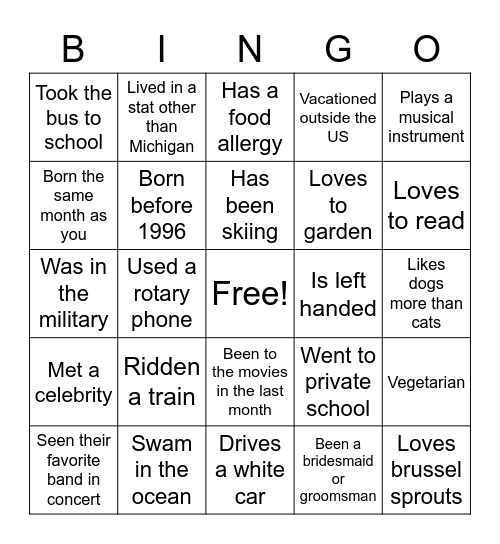 Get to know You Bingo Card