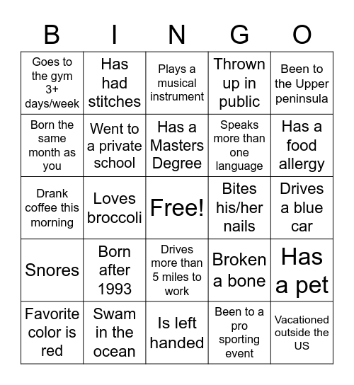 Get to Know You Bingo Card
