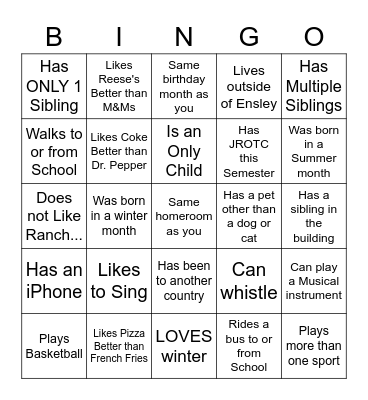 Getting to know my classmates Bingo Card