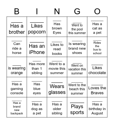 Back to School SH Bingo Card