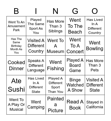 Class Introduction Bingo Card