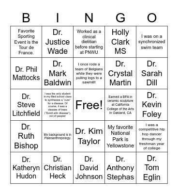 PNWU Faculty Factoid Bingo Card