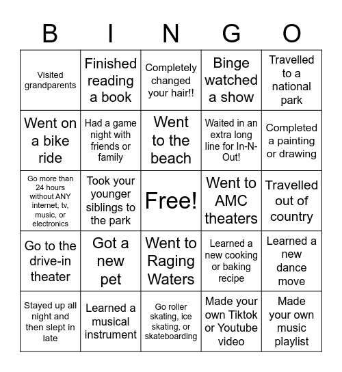 Summer Bingo: What Did You Do Over Summer? Bingo Card