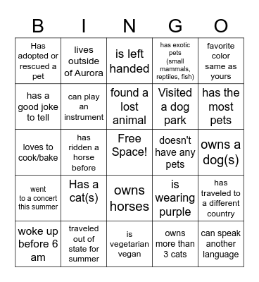 Veterinary Assist Bingo Card