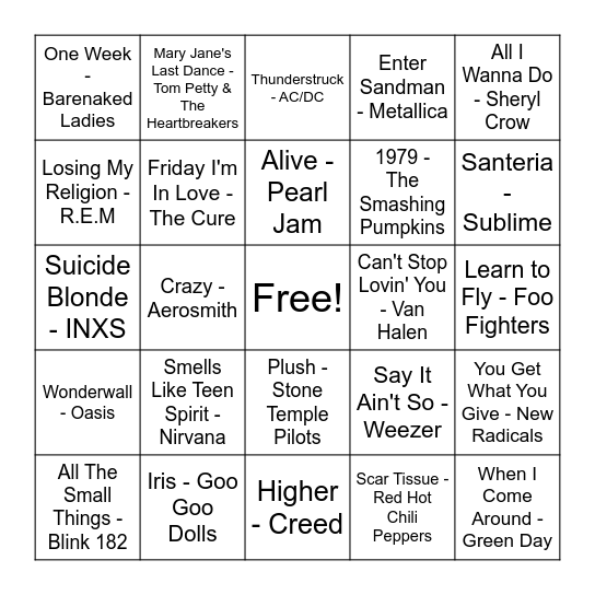 90's - RUCK N' ROLL Bingo Card