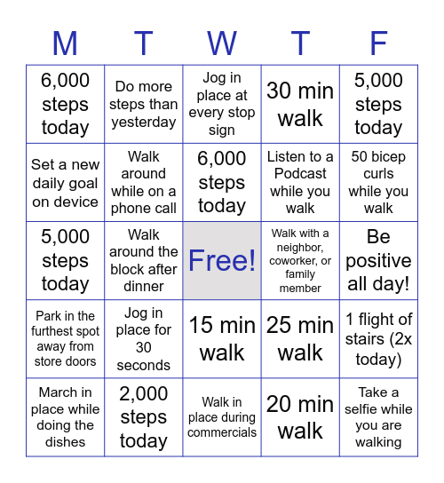 5 Week Movement Challenge Bingo Card
