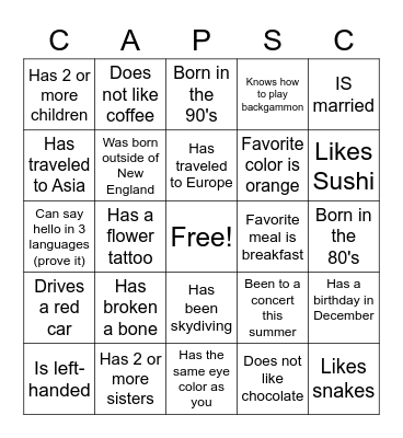 Get to know you Bingo Card