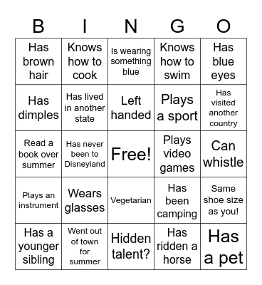 Get to know me BINGO Card