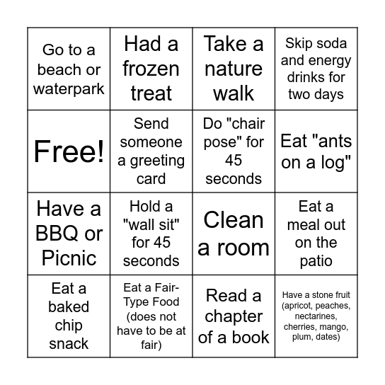 Summer Wellness Bingo Card