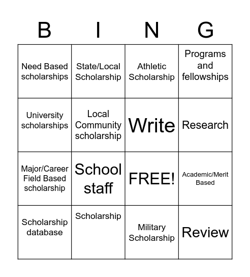 Scholarship Bingo Card