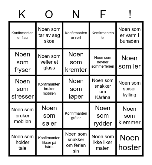 Adrian og Fillips konfirmasjonsbingo Card