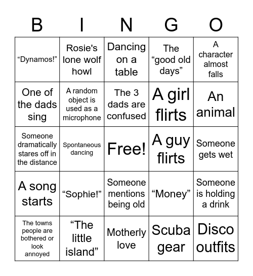 Mamma Mia Movie Bingo Card