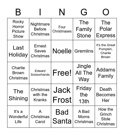 Holiday Movie Bingo Card