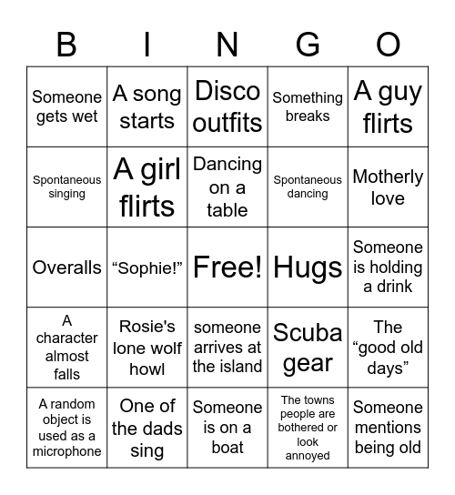 Mamma Mia Movie! Bingo Card