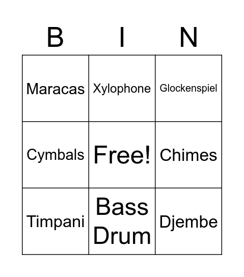 Percussion Bingo Card