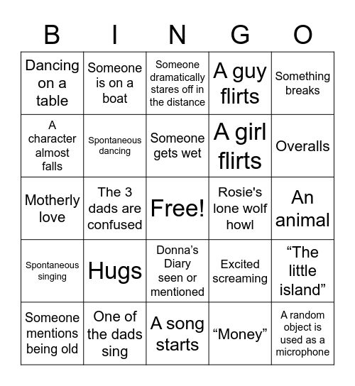 Mamma Mia Movie! Bingo Card