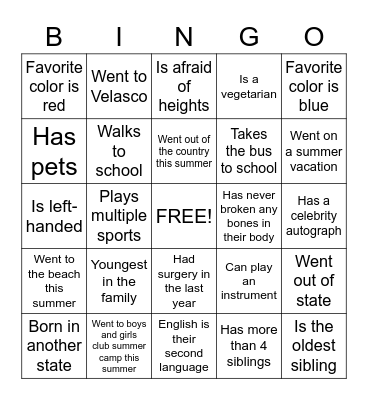 Personal Bingo Icebreaker Bingo Card