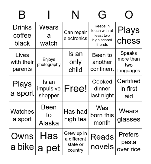 Icebreaker Bingo Card