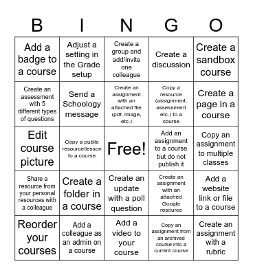 Schoology Bingo Card