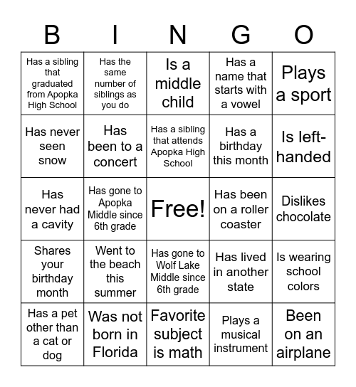 Find Someone Who...Has gone to Wolk Bingo Card