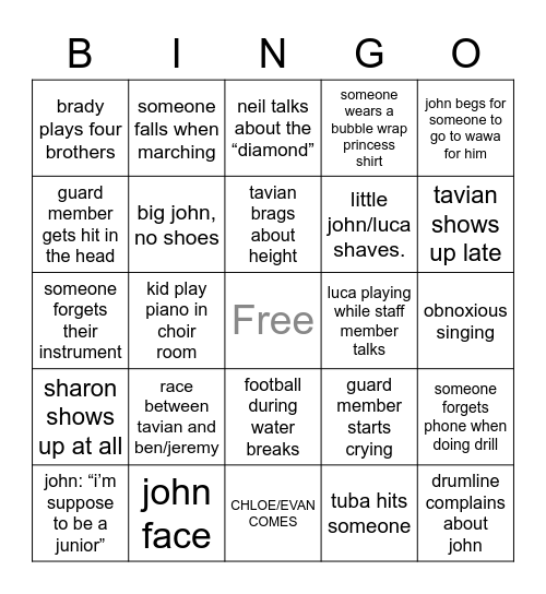 band camp bingo!!! Bingo Card