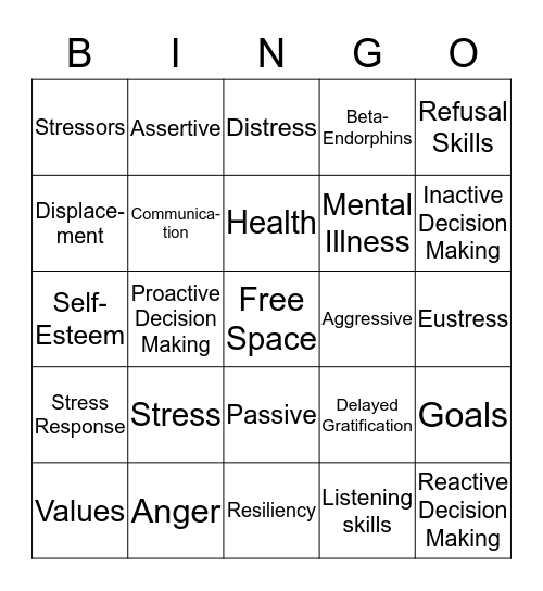 Health Vocabulary Words Bingo Card