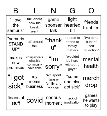 cory is back, what will he say? BINGO sheet Bingo Card