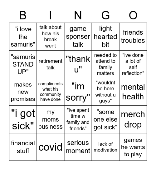 cory is back, what will he say? BINGO sheet Bingo Card