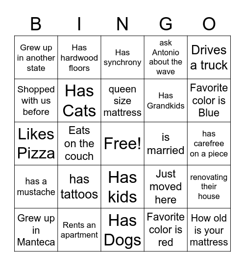 Guest Connection Bingo Card