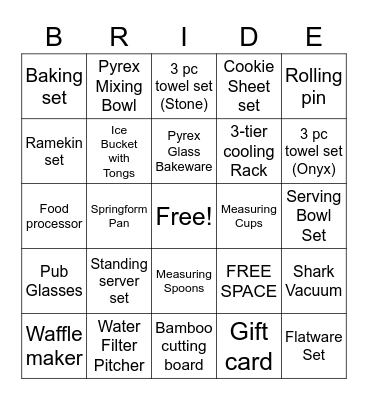 Bridal Shower Gift Bingo Card