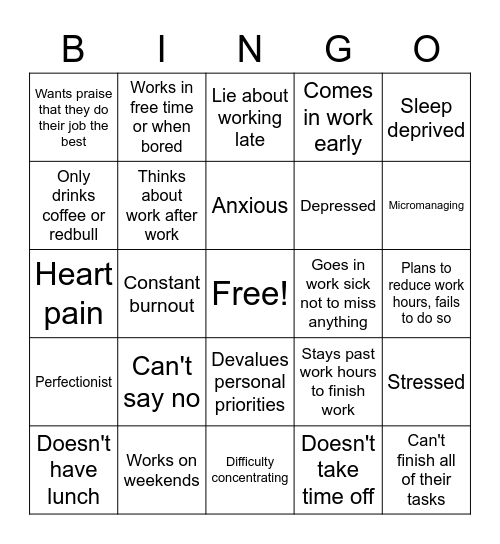 Workaholic Bingo Card