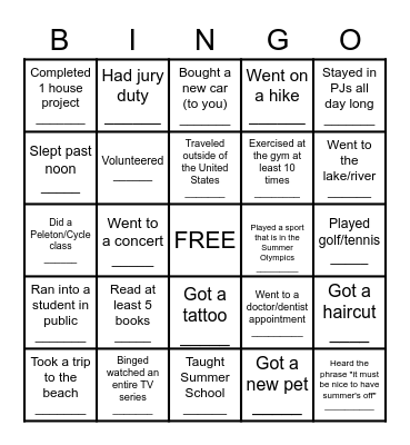 Teacher Summer Vacation Bingo Card