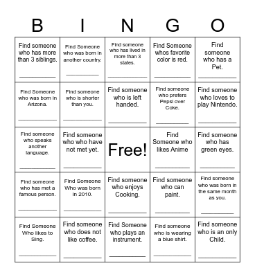 Find Someone Who Bingo Card