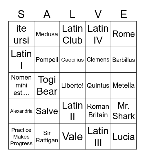 Day 1 Latin Class Bingo! Bingo Card