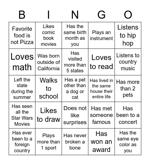 Middle School Bingo Card