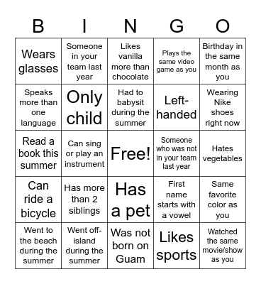 First Days Bingo Card