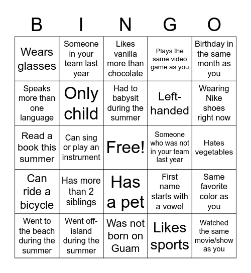 First Days Bingo Card