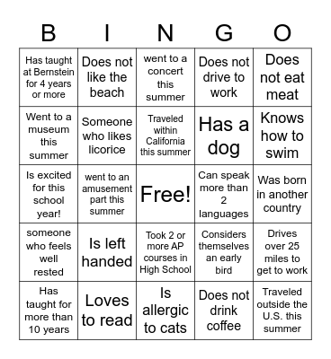 Getting to Know You Bingo Card