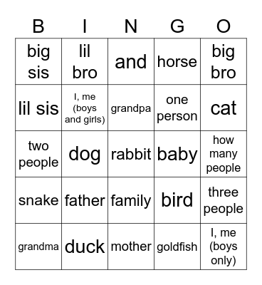 Year 7 - かぞく Bingo Card