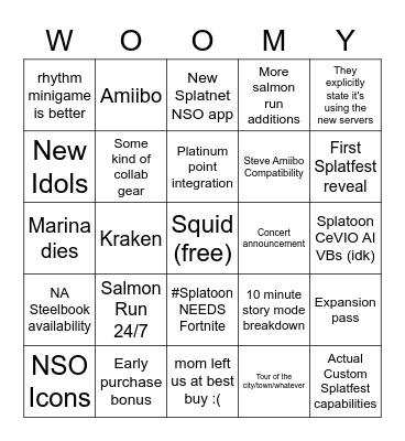 Splatoon Direct Bingo Card