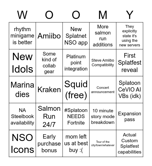 Splatoon Direct Bingo Card