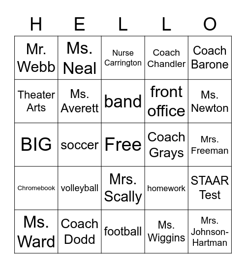 "Hello 7th Graders" Bingo Card