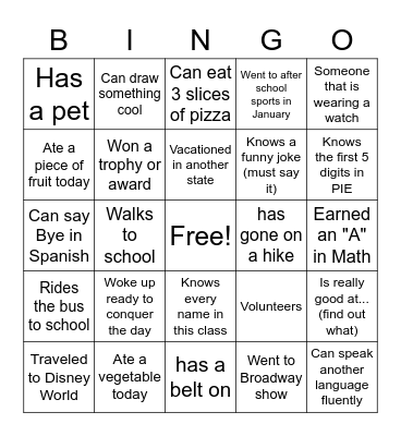 Classmate Bingo Card