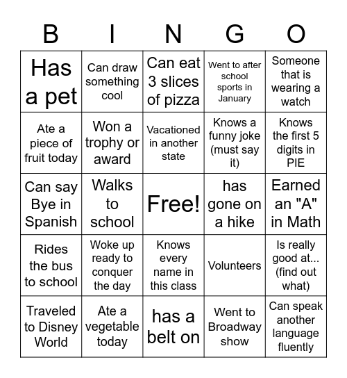 Classmate Bingo Card