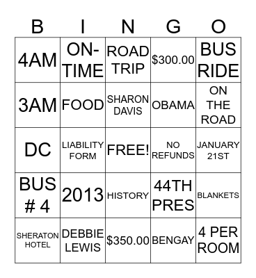 BUS # 4 Bingo Card